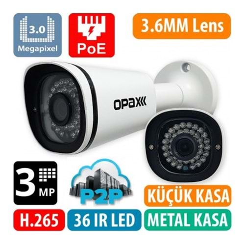OPAX-3525P 3 MP H.265+ 2304x1296 3.6mm Lens 36 IR Led P2P POE IP Bullet Kamera