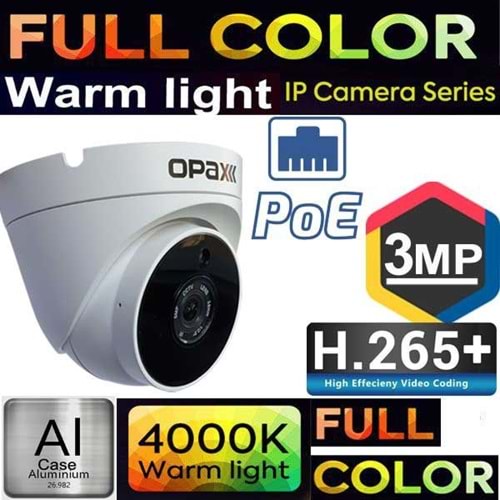 OPAX-1994P IP POE 3MP(2304x1296) IP H.265+ 3 WARM LIGHT FULL COLOR 3.6MM METAL DOME