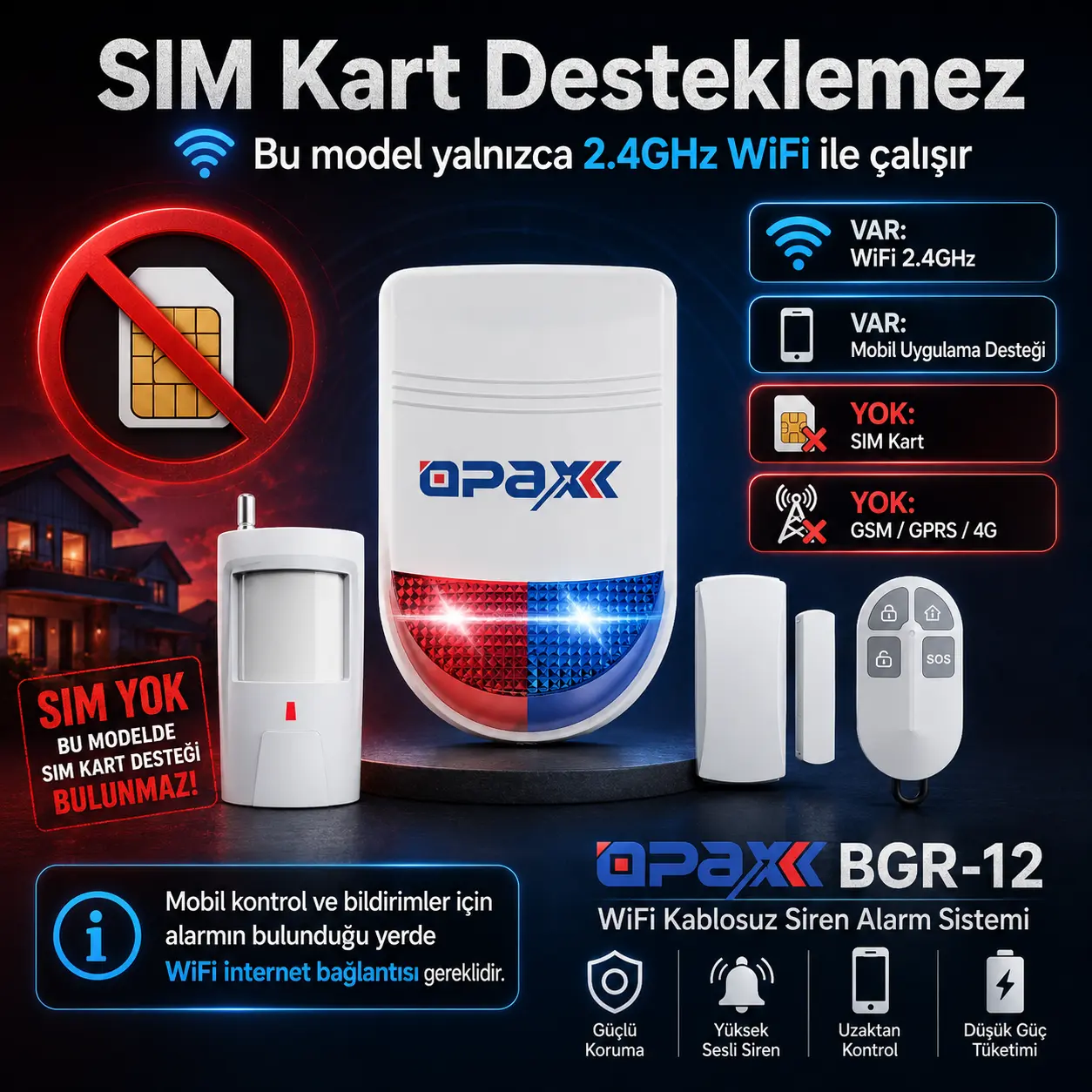 OPAX BGR-12 SIM kart desteklemez, yalnızca 2.4GHz WiFi ile çalışır uyarı görseli