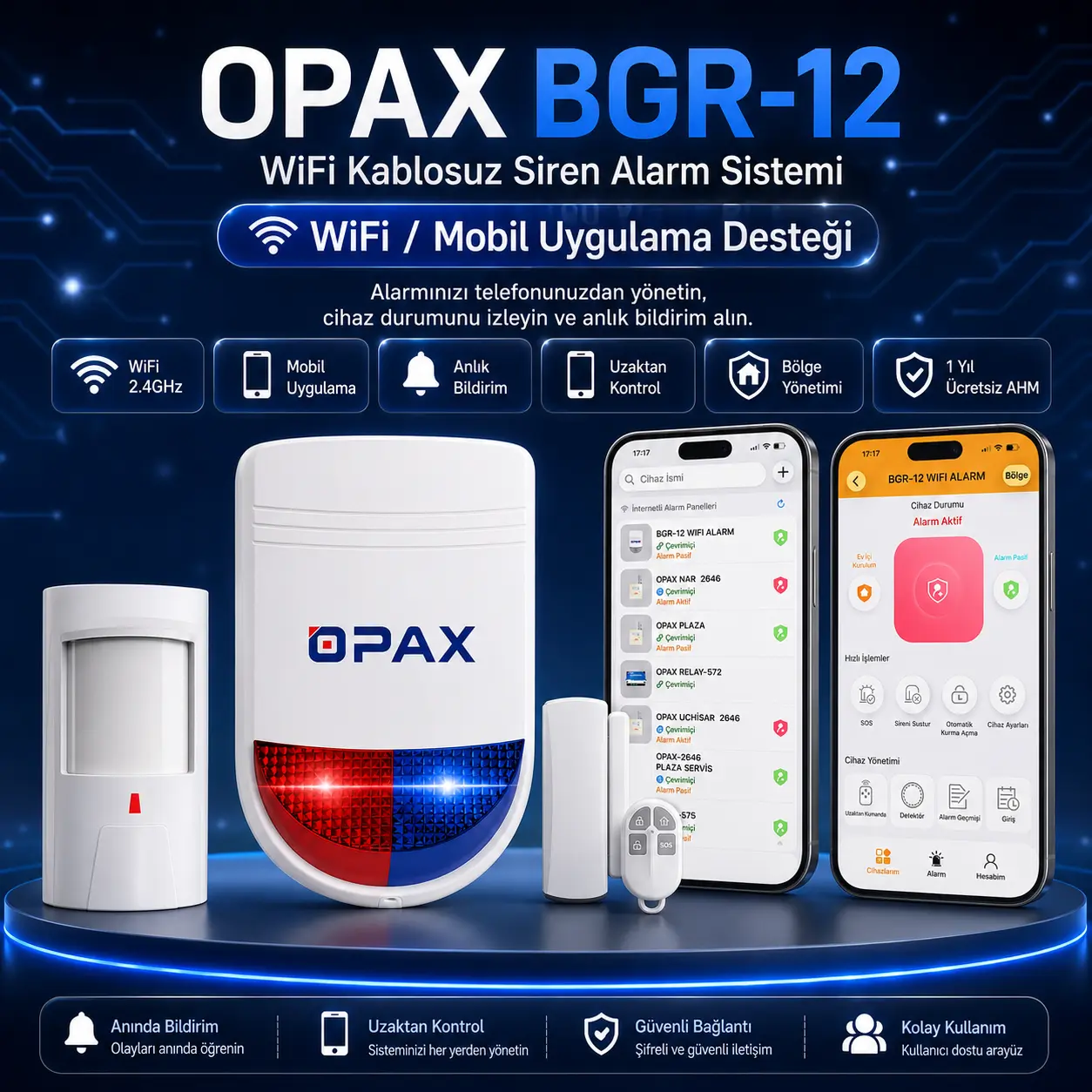 OPAX BGR-12 mobil uygulama, kullanıcı takibi, alarm durumu ve uzaktan kontrol görseli