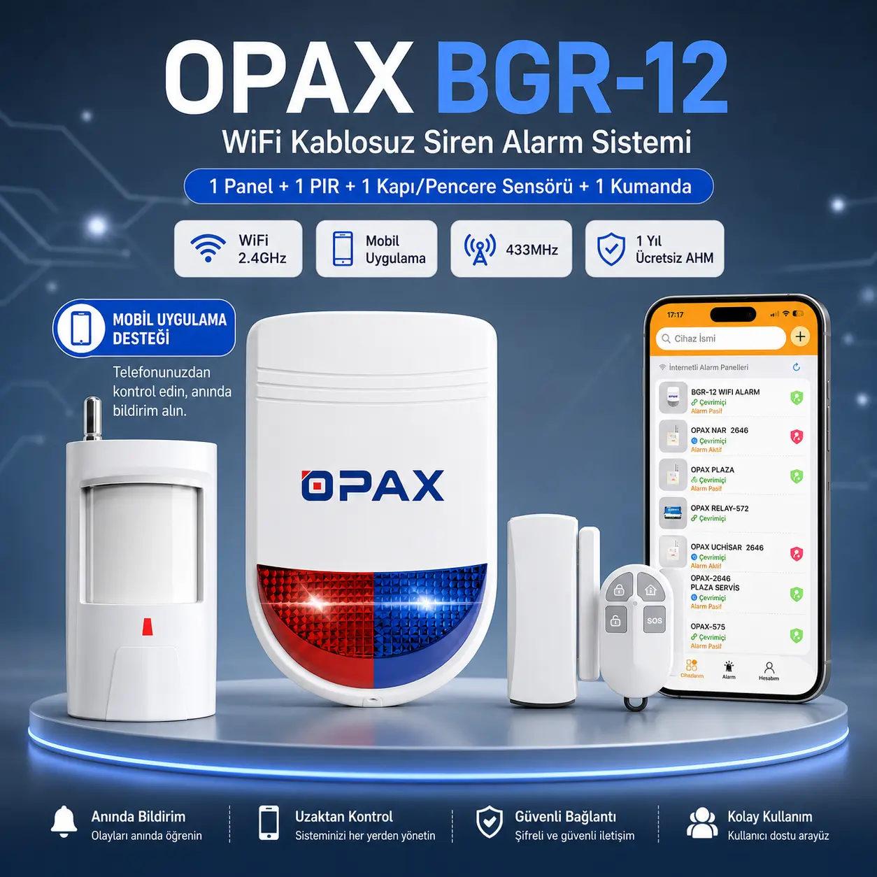 OPAX BGR-12 WiFi alarm sistemi ve 1 yıl ücretsiz AHM destekli ürün tanıtım görseli