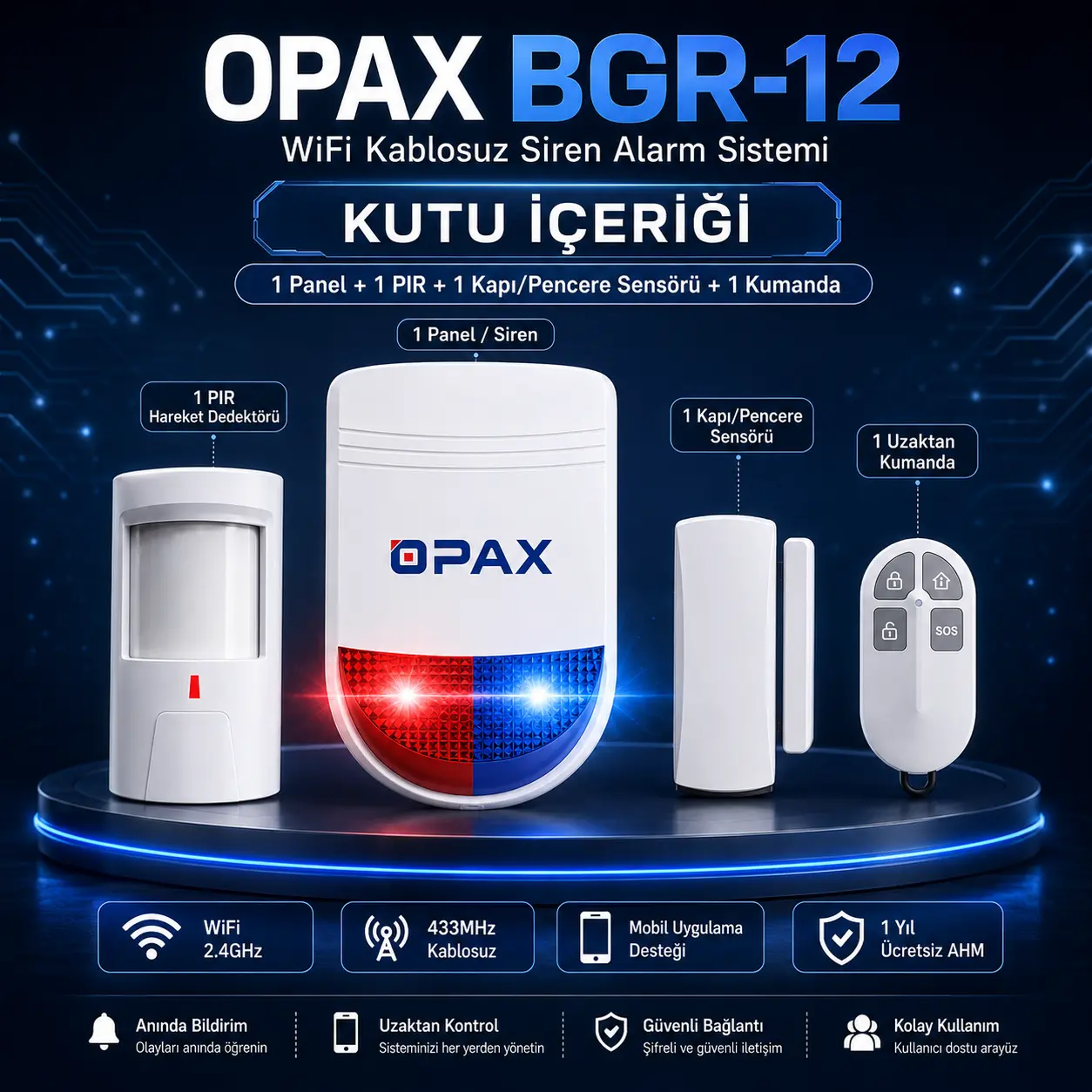 OPAX BGR-12 kutu içeriği: 1 panel, 1 PIR, 1 kapı pencere sensörü ve 1 kumanda