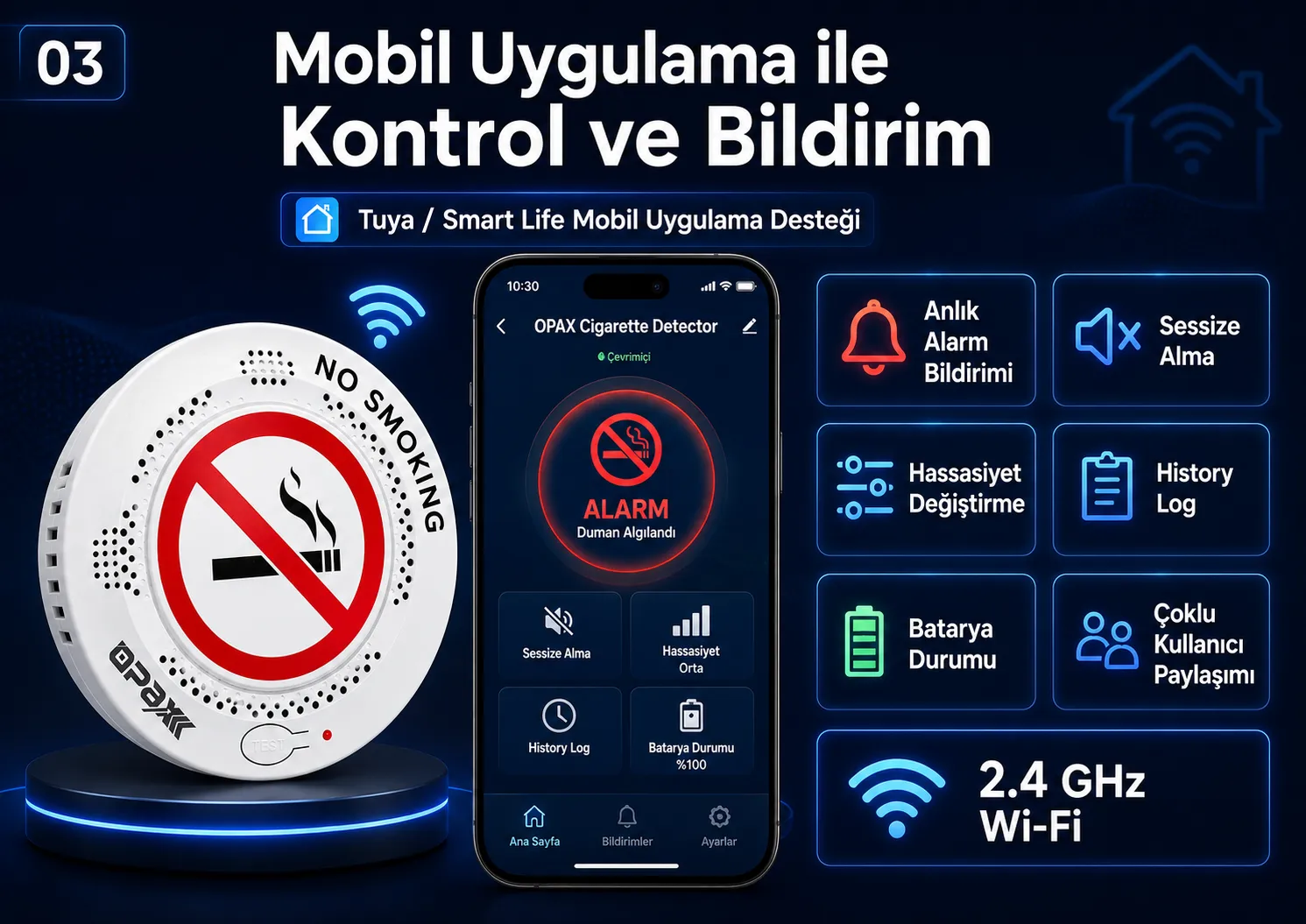 OPAX sigara dedektörü Tuya ve Smart Life mobil uygulama kontrolü; anlık alarm bildirimi, sessize alma, hassasiyet değiştirme, history log, batarya ve kullanıcı paylaşımı