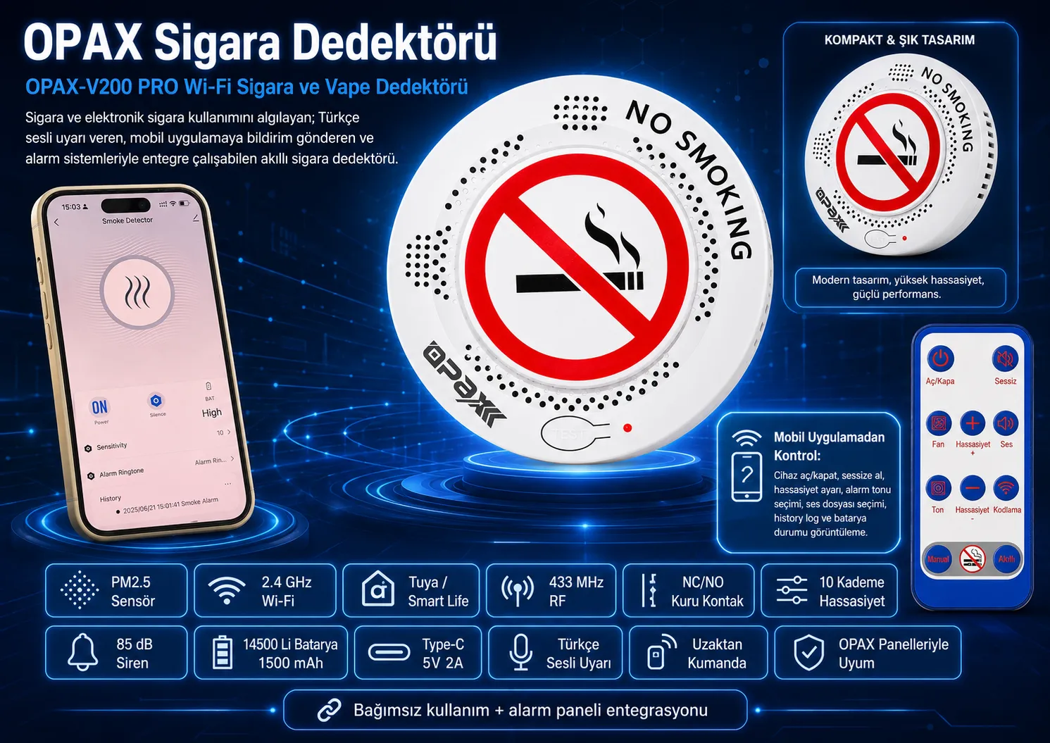OPAX-V200 PRO Wi-Fi sigara ve vape dedektörü; PM2.5 sensör, Tuya Smart Life, 433 MHz RF, NC NO kuru kontak, 85 dB siren, batarya ve uzaktan kumanda özellikleri