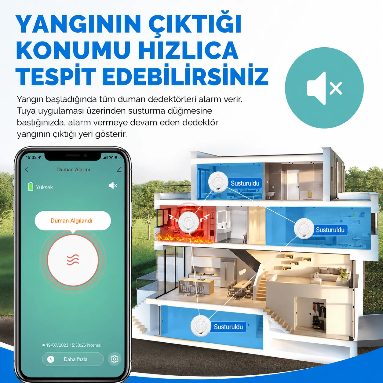 Tuya uygulamalı OPAX WiFi duman dedektörü yangın konumu tespit ve susturma özelliği