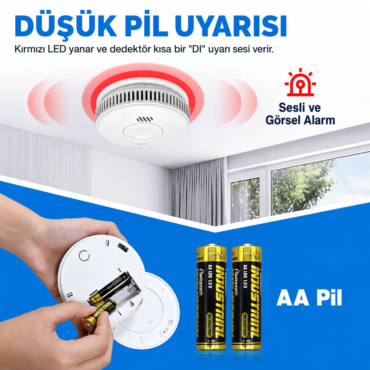 OPAX S100A-AA-W AA pilli duman dedektörü düşük pil uyarısı ve sesli görsel alarm
