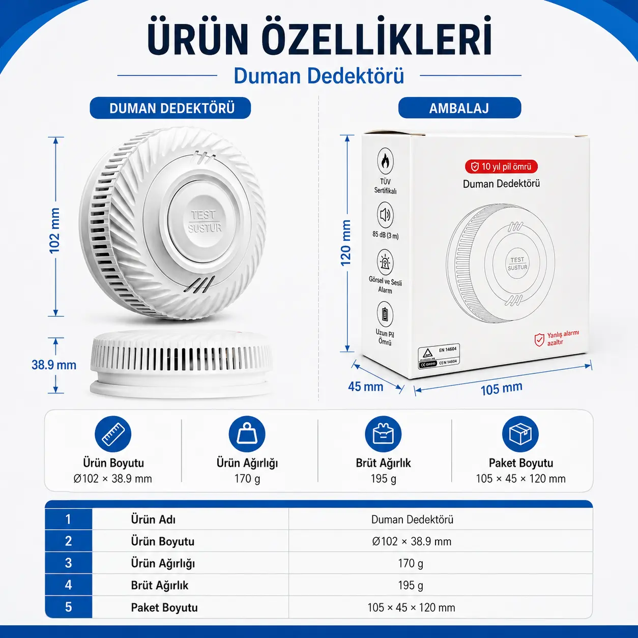 OPAX S100A-AA-W duman dedektörü ürün ve ambalaj ölçüleri teknik özellikleri