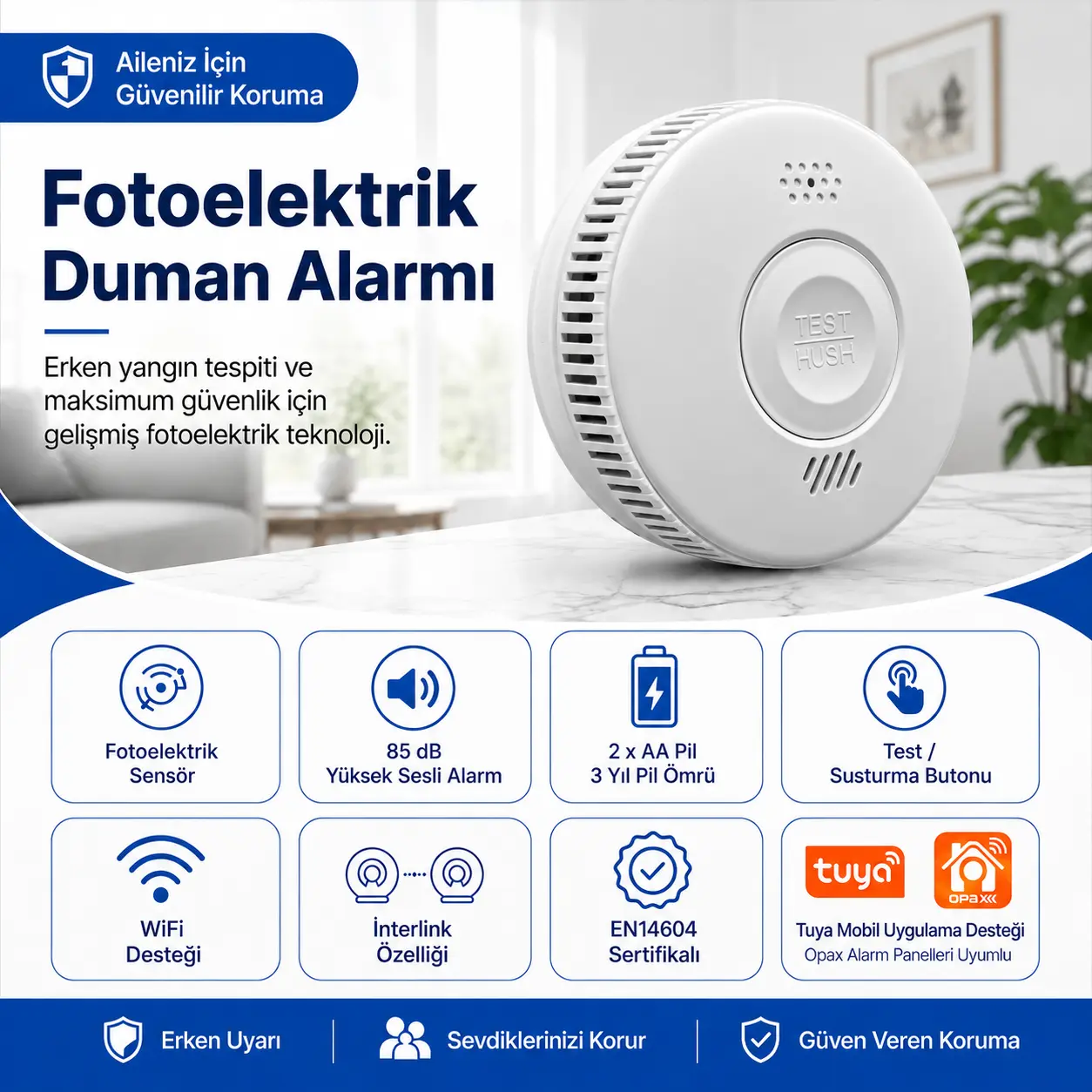 OPAX S100A-AA-W WiFi RF interlink fotoelektrik duman alarmı ürün özellikleri