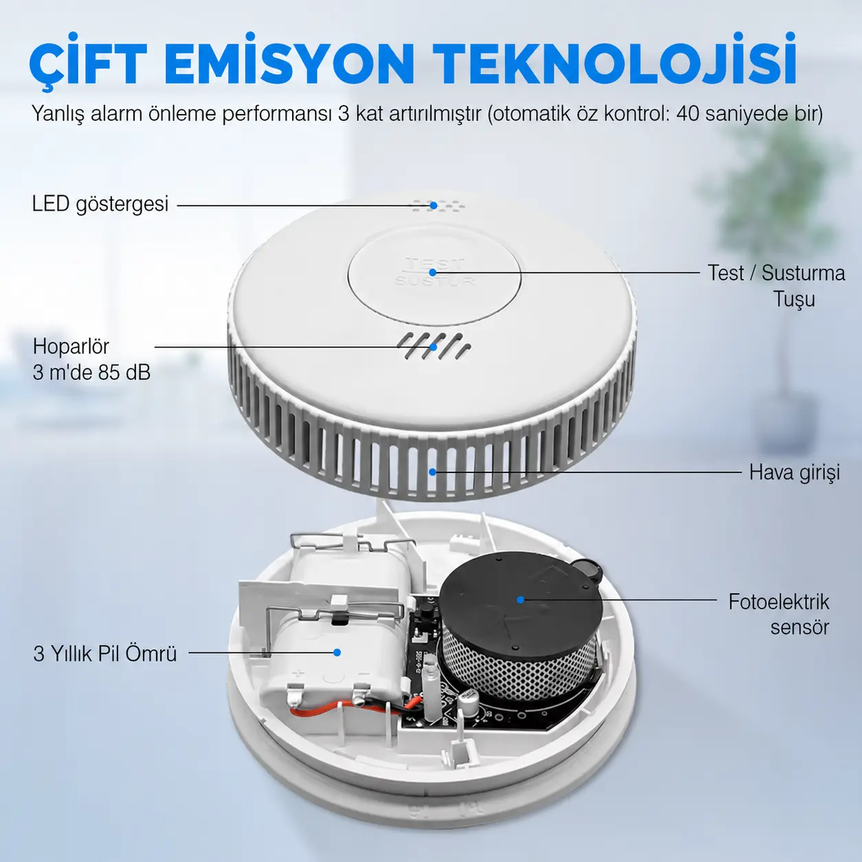 OPAX fotoelektrik duman dedektörü çift emisyon teknolojisi iç yapı ve sensör açıklaması