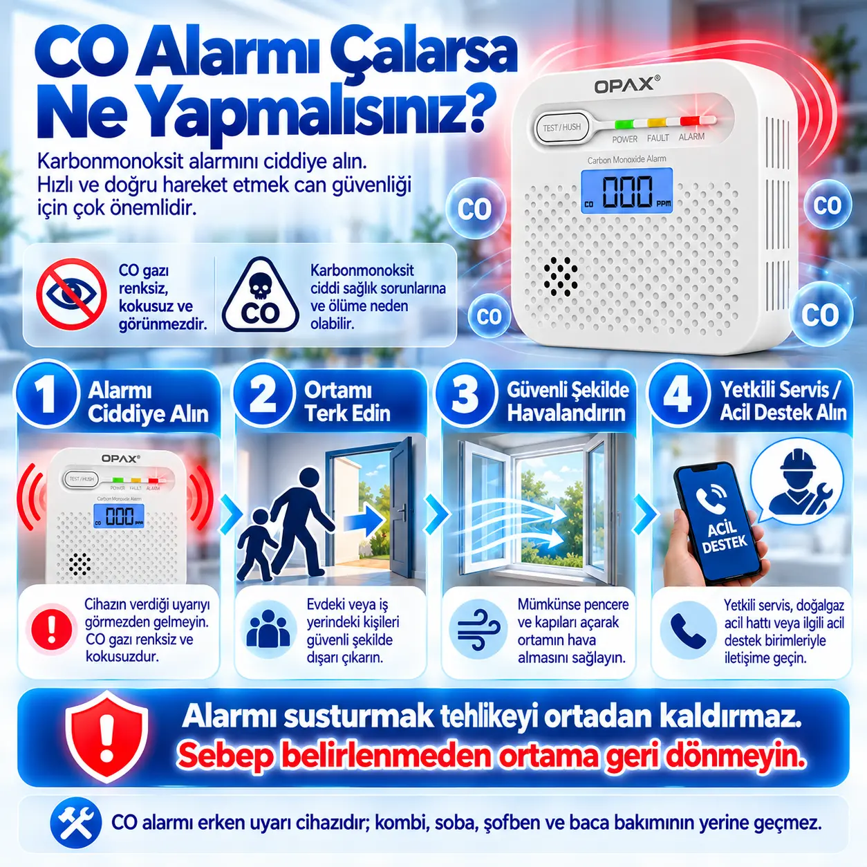 CO alarmı çaldığında uygulanacak can güvenliği adımları