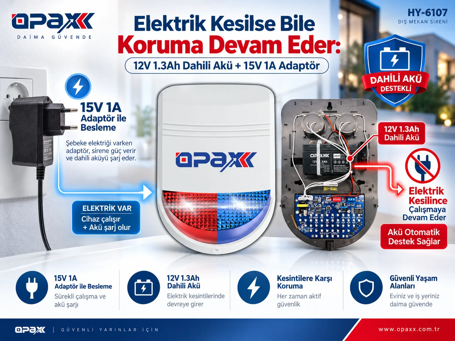 HY-6107 acil çıkış alarm sistemi 15V 1A adaptör ve dahili akü desteği