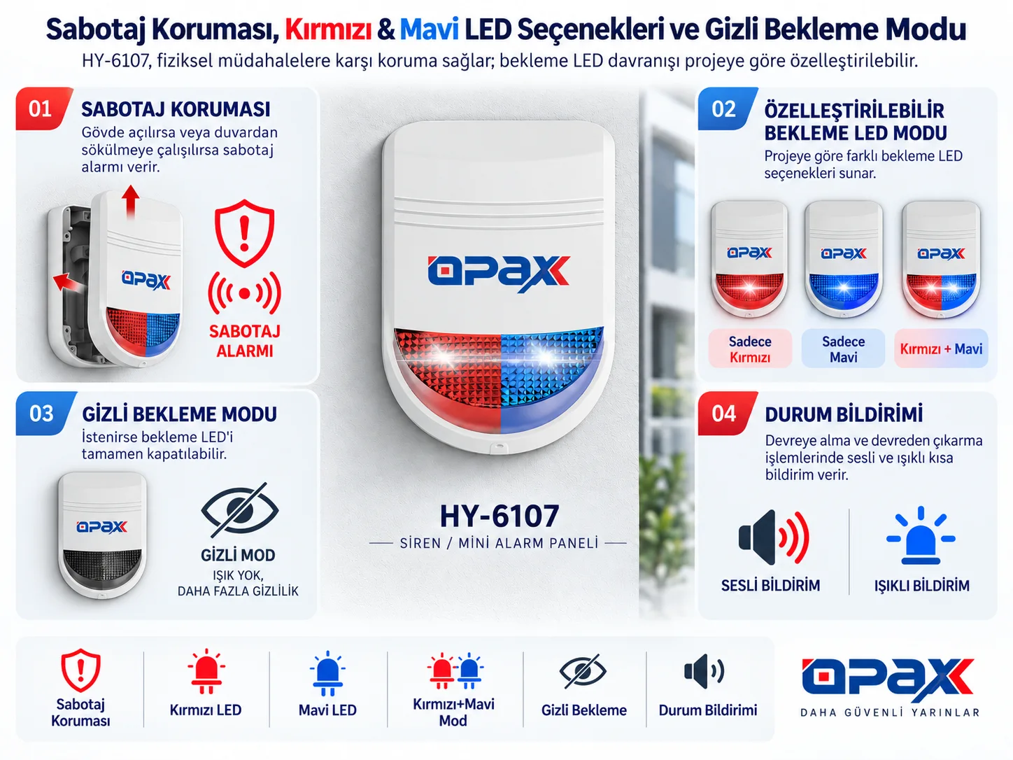 HY-6107 sabotaj koruması ve kırmızı mavi LED flaşör