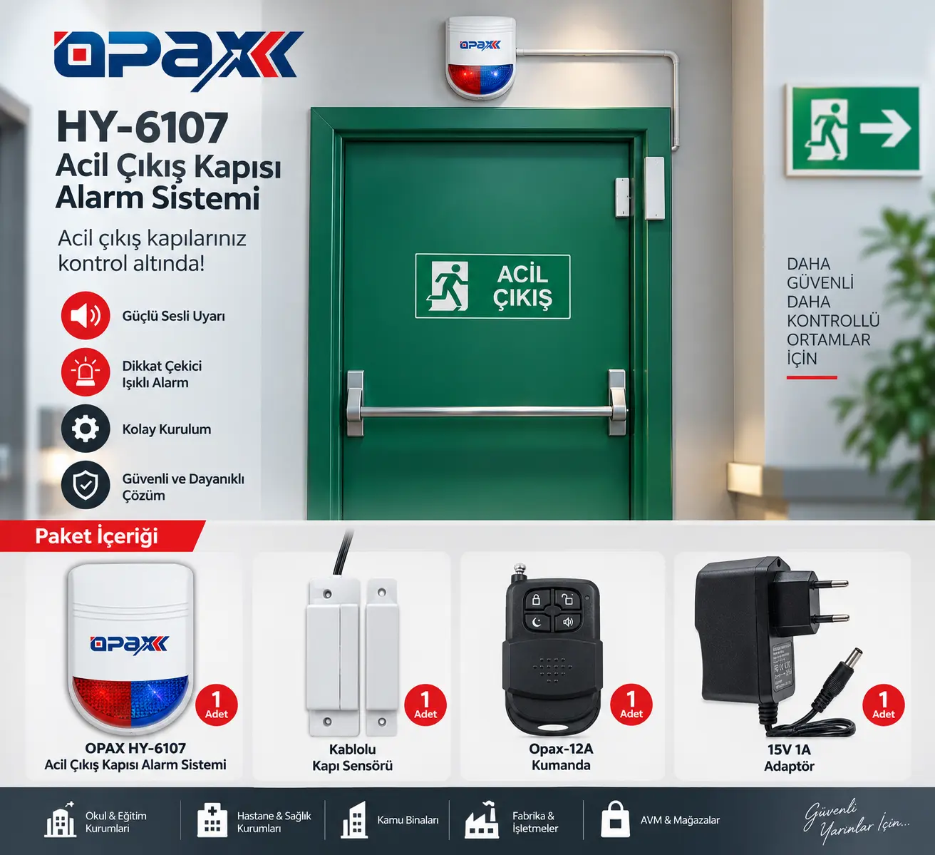 OPAX HY-6107-MC31 Kablolu Acil Çıkış Kapısı Alarm Sistemi Seti - HY-6107 Alarm Paneli