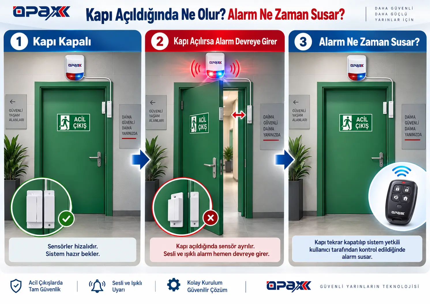 Kapı açıldığında OPAX HY-6107 acil çıkış alarmının çalışma mantığı