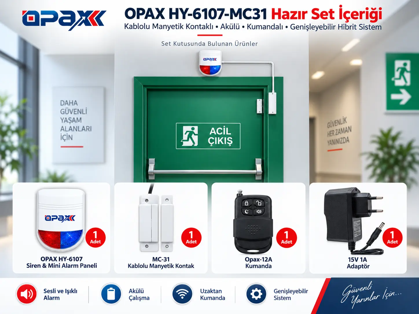 OPAX HY-6107-MC31 hazır acil çıkış kapısı alarm seti içeriği
