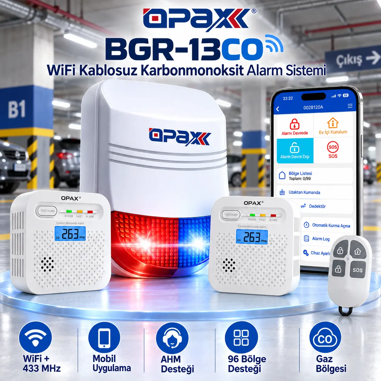 OPAX BGR-13CO sirenli WiFi karbonmonoksit alarm paneli görseli