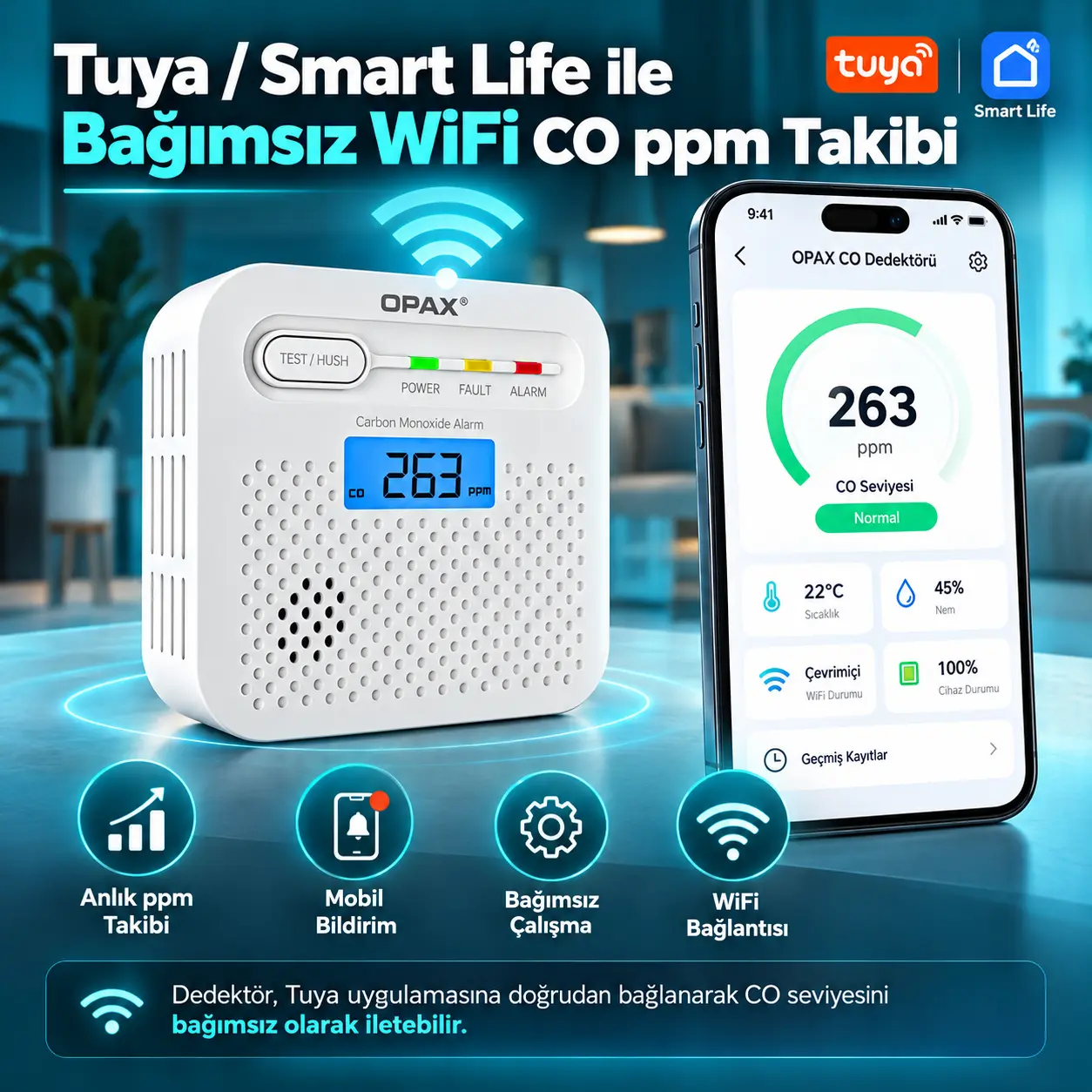Tuya Smart Life üzerinden kablosuz WiFi CO dedektörü takibi