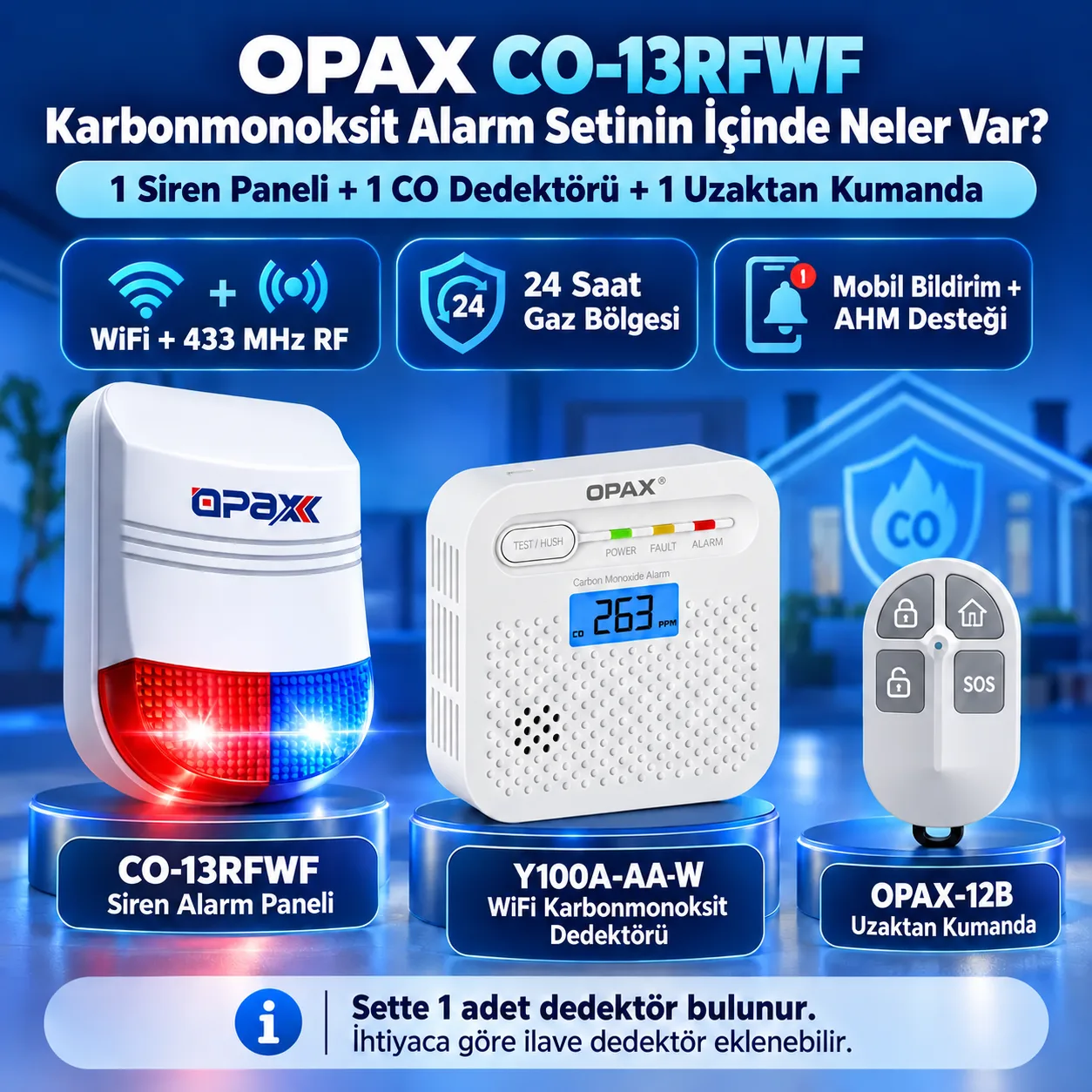 OPAX Y100A-AA-W WiFi karbonmonoksit alarmı set içeriği