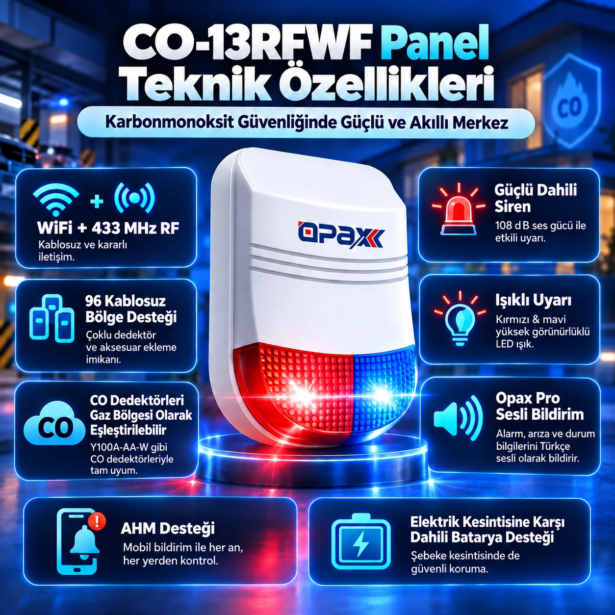 OPAX BGR-13 kırmızı mavi flaşlı güçlü sirenli alarm paneli