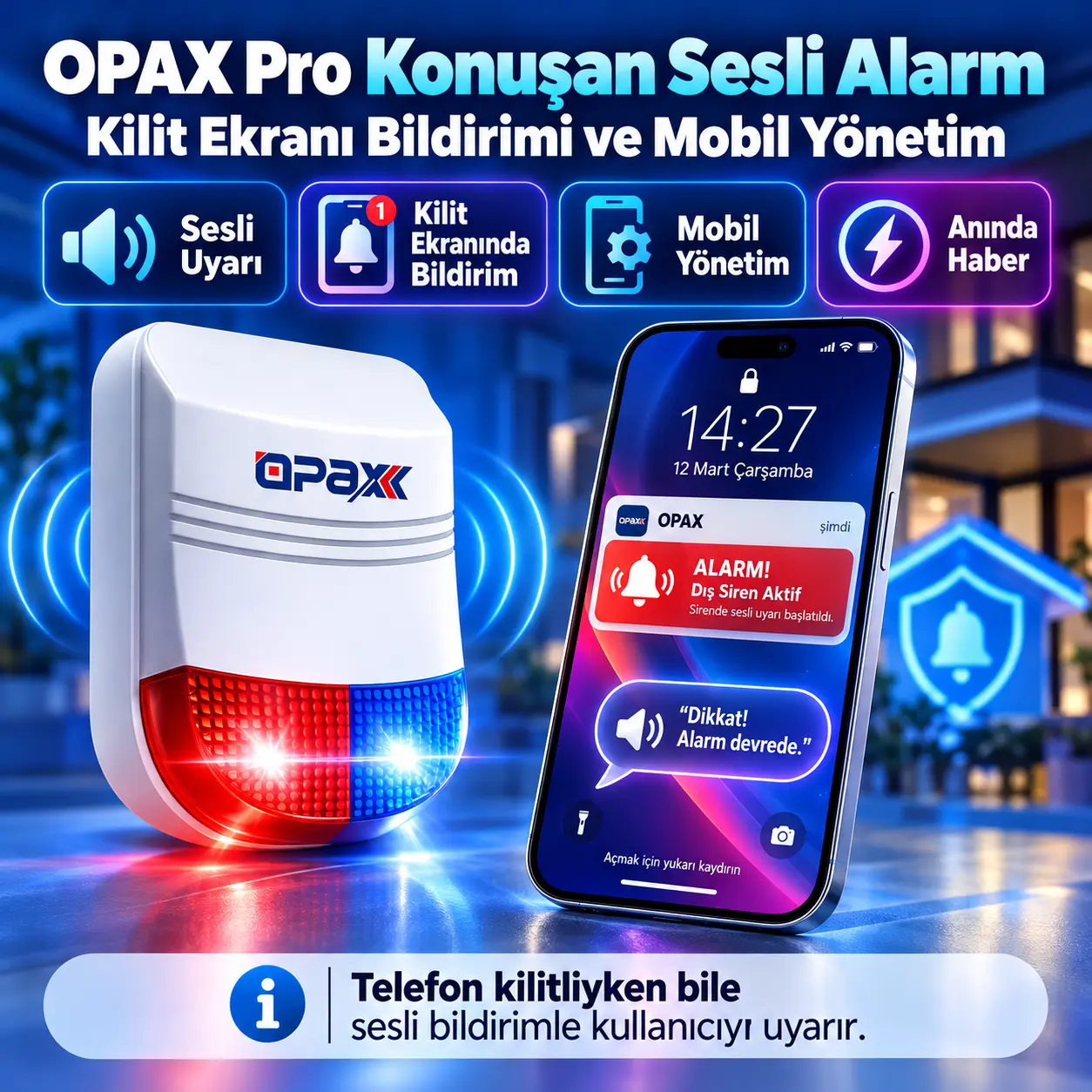 OPAX Pro mobil uygulama ile BGR-13CO sesli alarm ve durum bildirimi