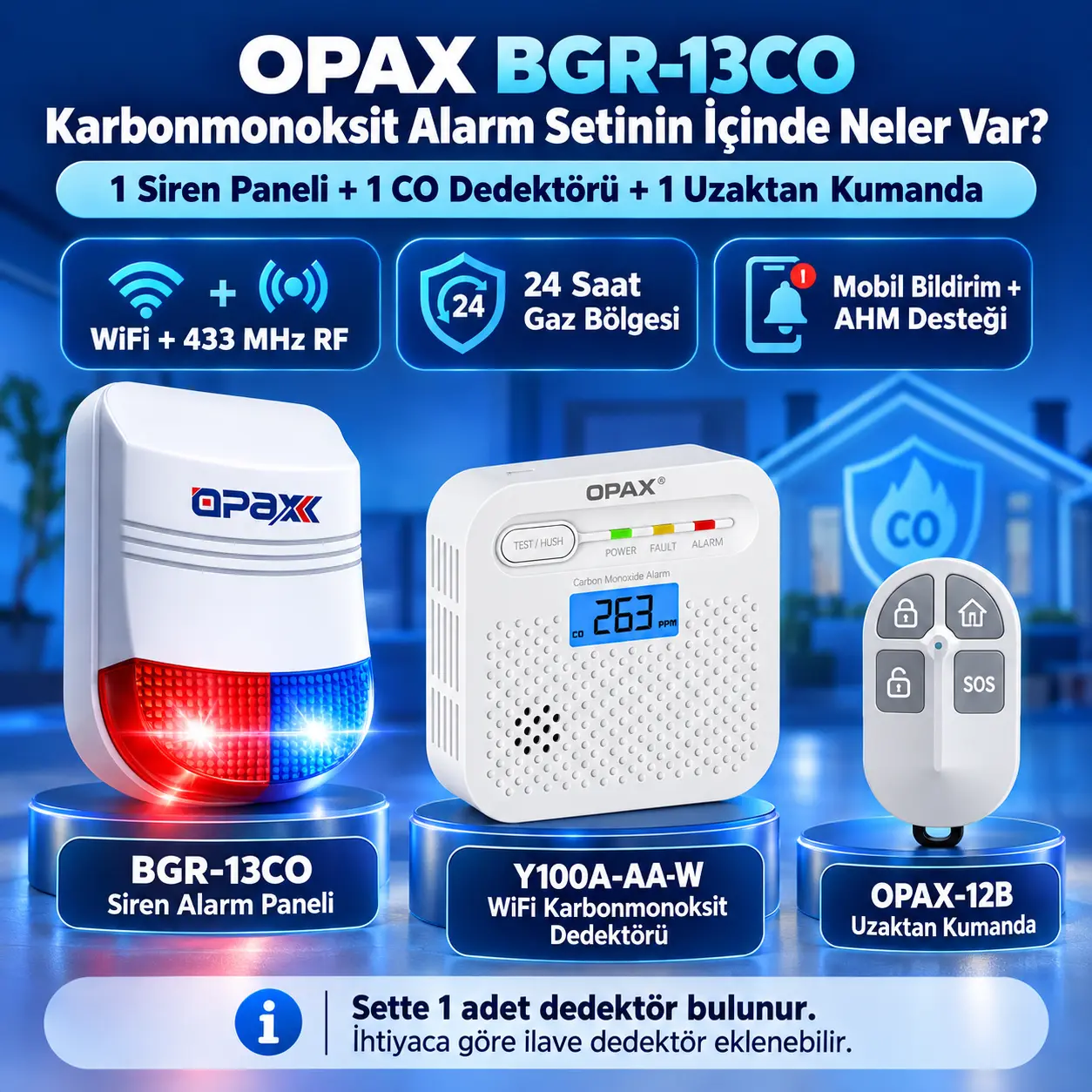 OPAX Y100A-AA-W WiFi karbonmonoksit alarmı set içeriği