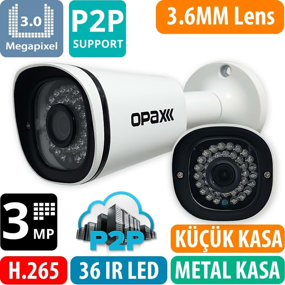 OPAX-2512 3 MP H.265+ 2304x1296 3.6mm 36 IR Led IP Bullet P2P KAMERA