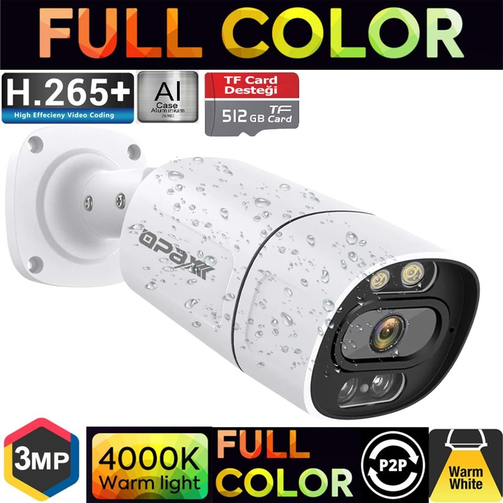 OPAX-3783 3MP IP TFT CARD DESTEĞİ H.265+ 4 WARM LIGHT FULL COLOR 3.6 MM METAL BULLET CAMERA