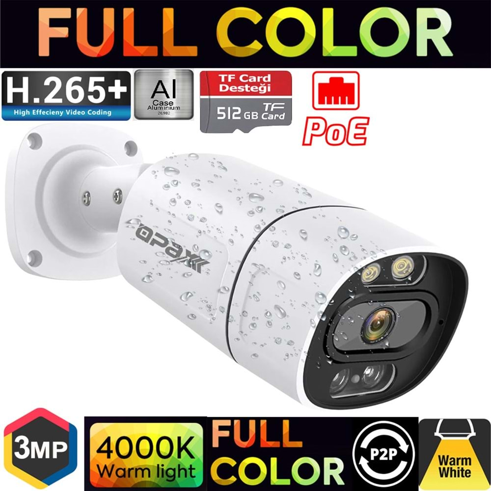 OPAX-3547 3MP POE IP TFT CARDLI H.265+ 4 WARM LIGHT FULL COLOR 3.6 MM METAL BULLET CAMERA