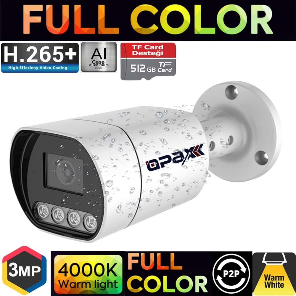 OPAX-4795 3MP IP TFT CARD DESTEĞİ H.265+ 4 WARM LIGHT FULL COLOR 3.6 MM METAL BULLET CAMERA