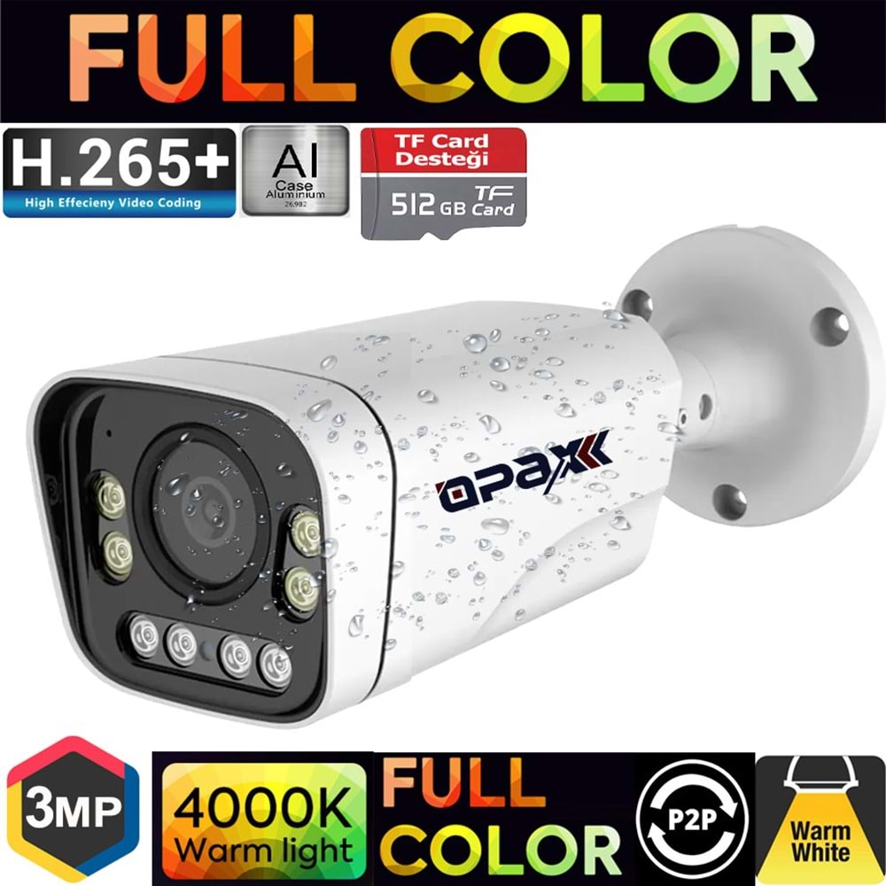 OPAX-7452 3MP IP TFT CARD DESTEĞİ H.265+ 8 WARM LIGHT FULL COLOR 3.6 MM METAL BULLET CAMERA