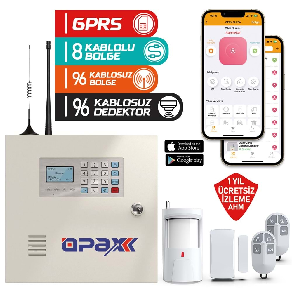 OPAX-2646-4G KABLOLU I KABLOSUZ 4G GPRS ALARM PANELİ ( 1 YIL AHM ÜCRETSİZ )