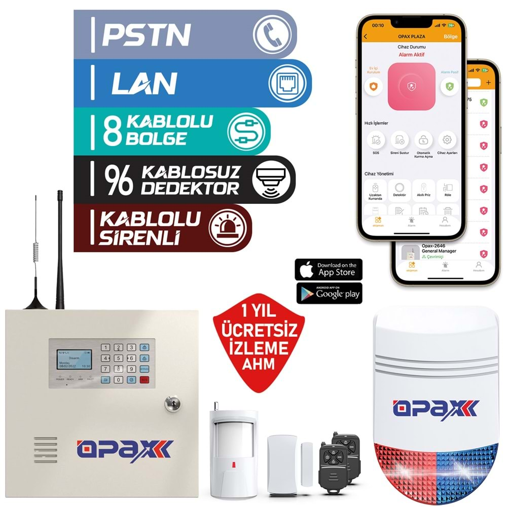 OPAX-2545LAN+BGR+10+AKÜ NETWORKLÜ ALARM PANELİ &BGR-10 KABLOLU SİRENLİ FULLSET (1 YIL AHM ÜCRETSİZ)