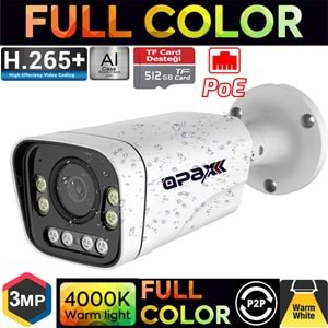 OPAX-7568 3MP POE IP TFT CARD DESTEĞİ H.265+ 8 WARM LIGHT FULL COLOR 3.6 MM METAL BULLET CAMERA