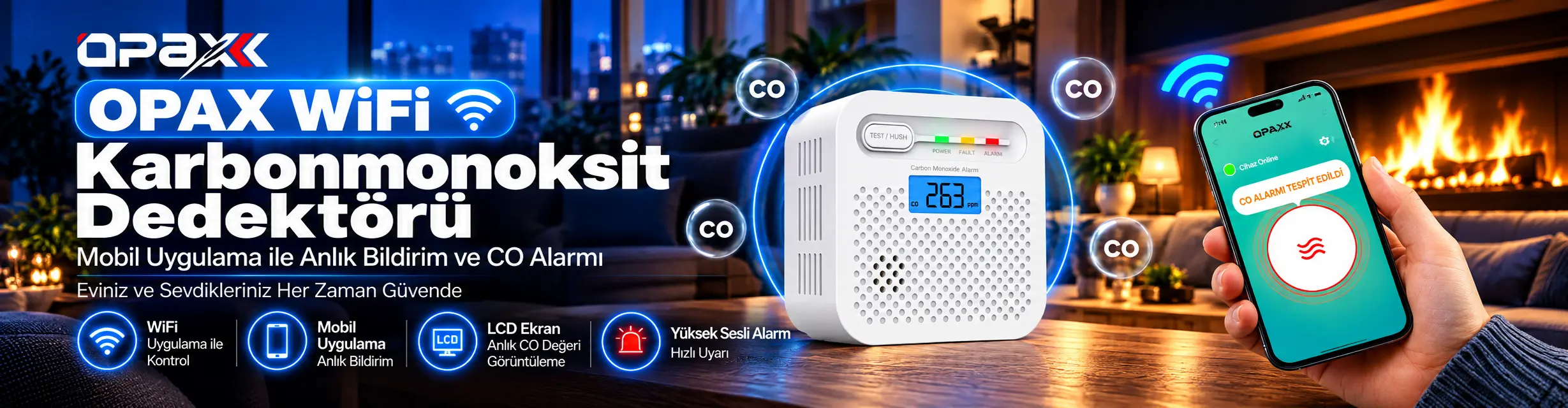 WiFi karbonmonoksit dedektörü; mobil uygulama bildirimi, LCD ekran, yüksek sesli